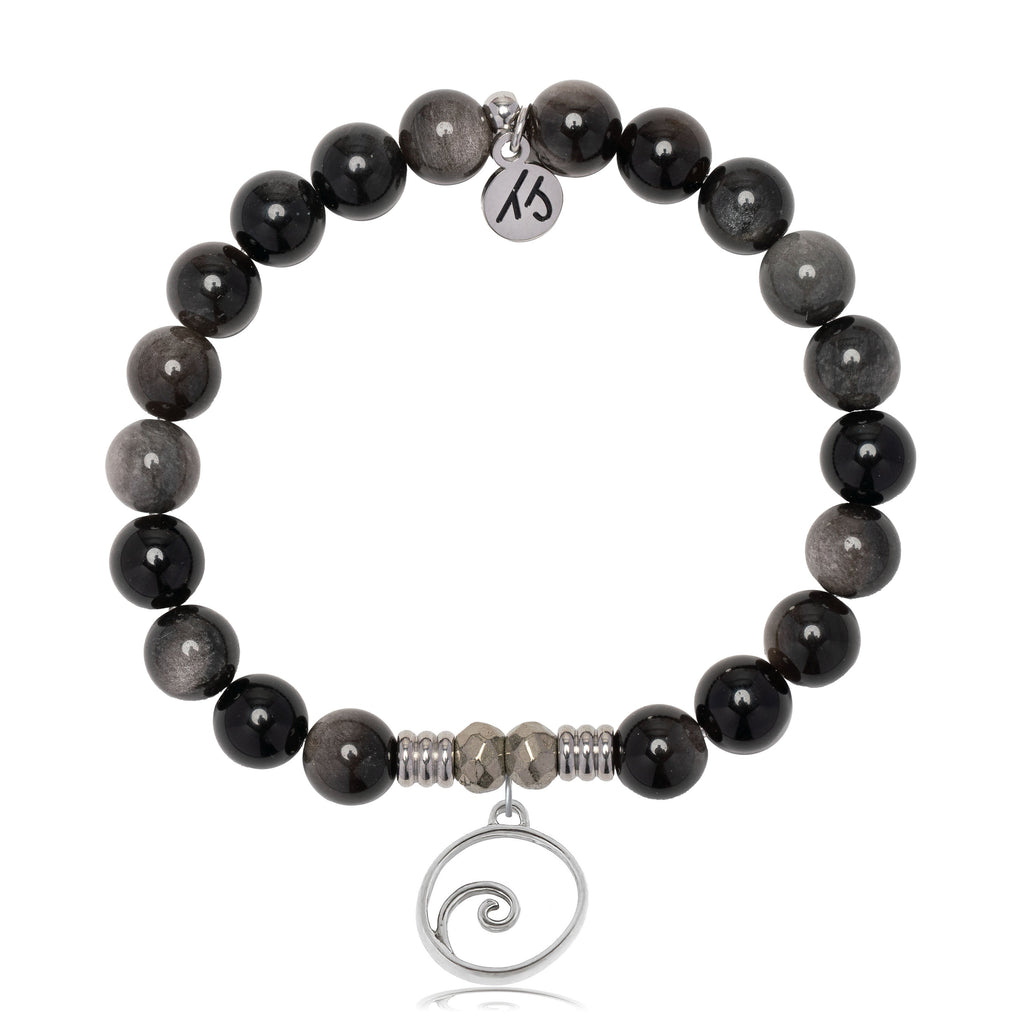 Silver Obsidian Gemstone Bracelet with Wave Sterling Silver Charm