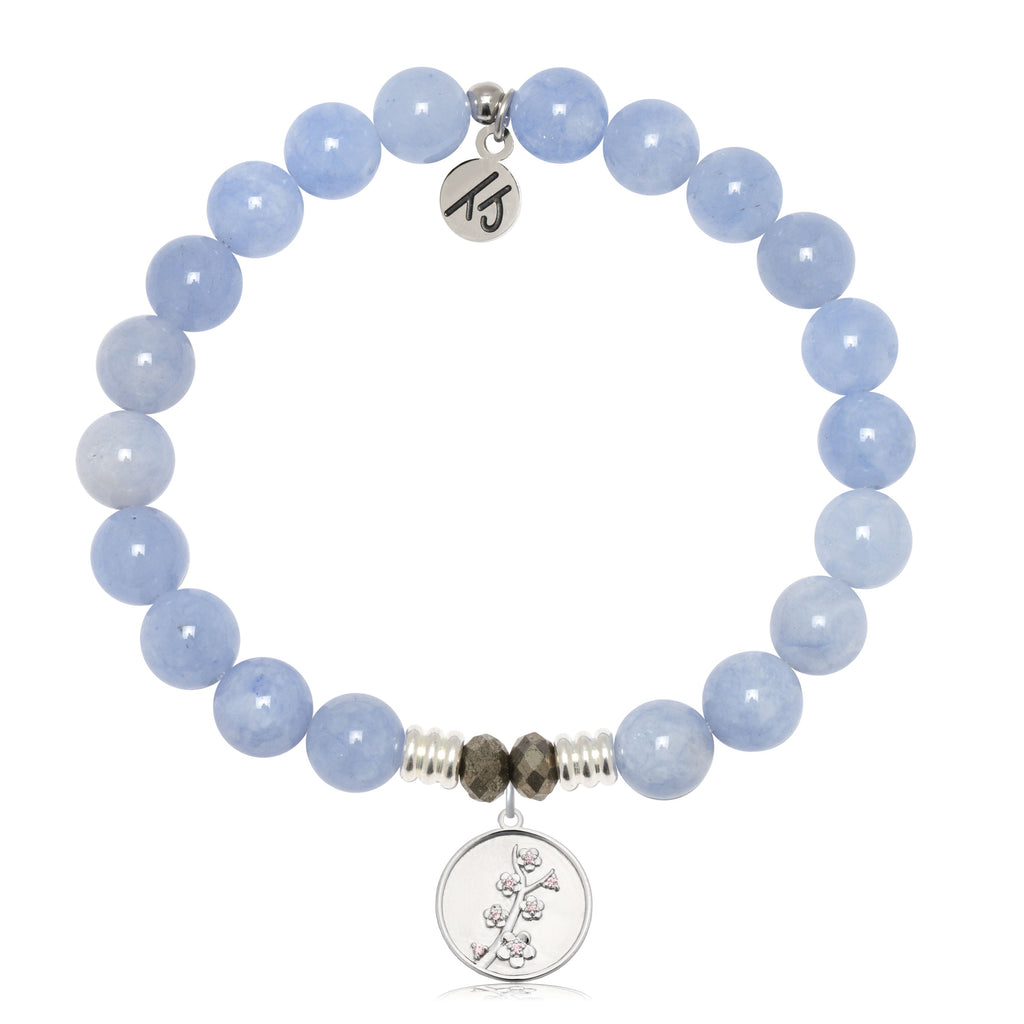 Sky Blue Jade Gemstone Bracelet with Cherry Blossom Sterling Silver Charm