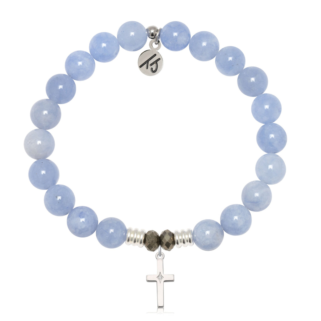 Sky Blue Jade Gemstone Bracelet with Cross CZ Sterling Silver Charm