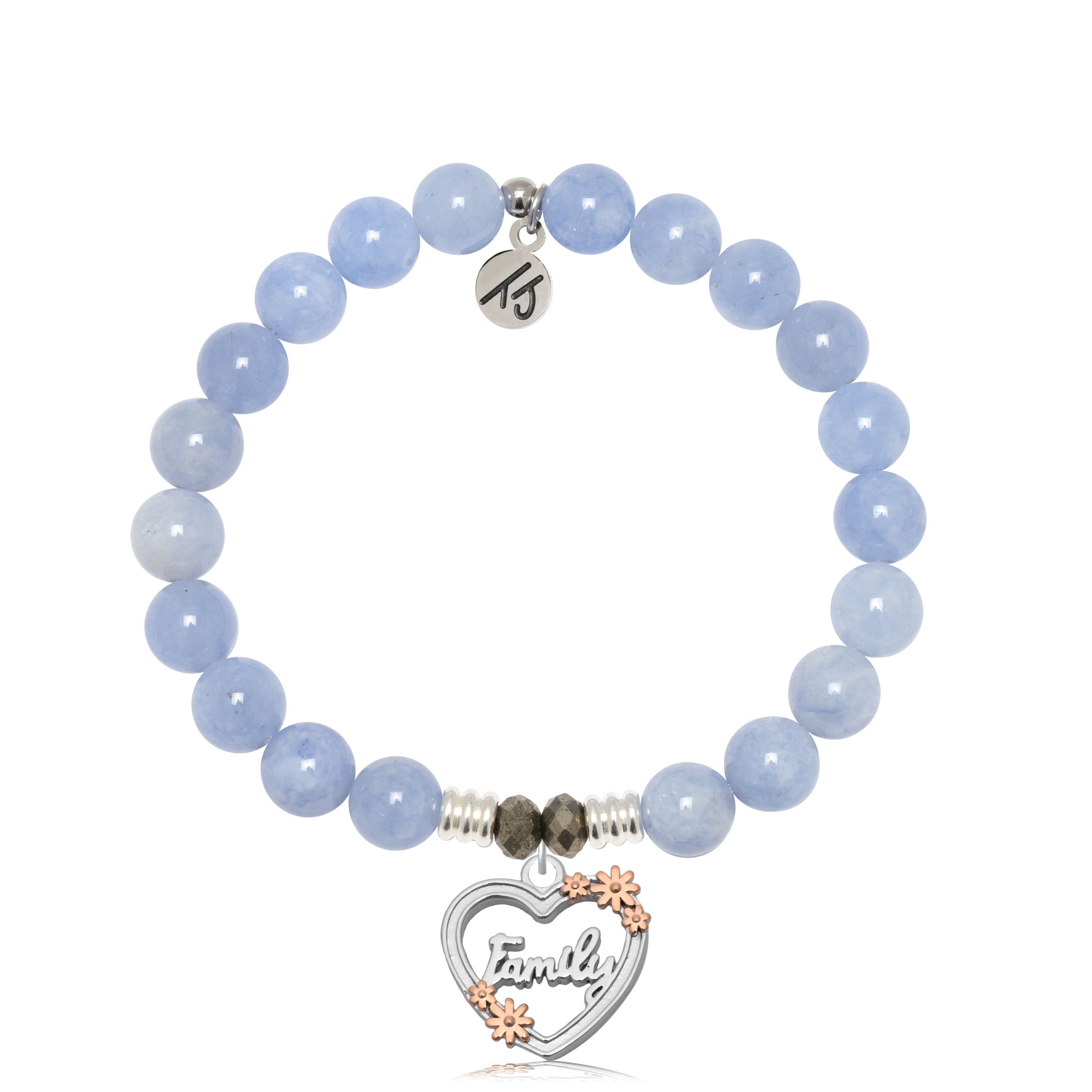 Sky Blue Jade Gemstone Bracelet with Heart Family Sterling Silver Charm