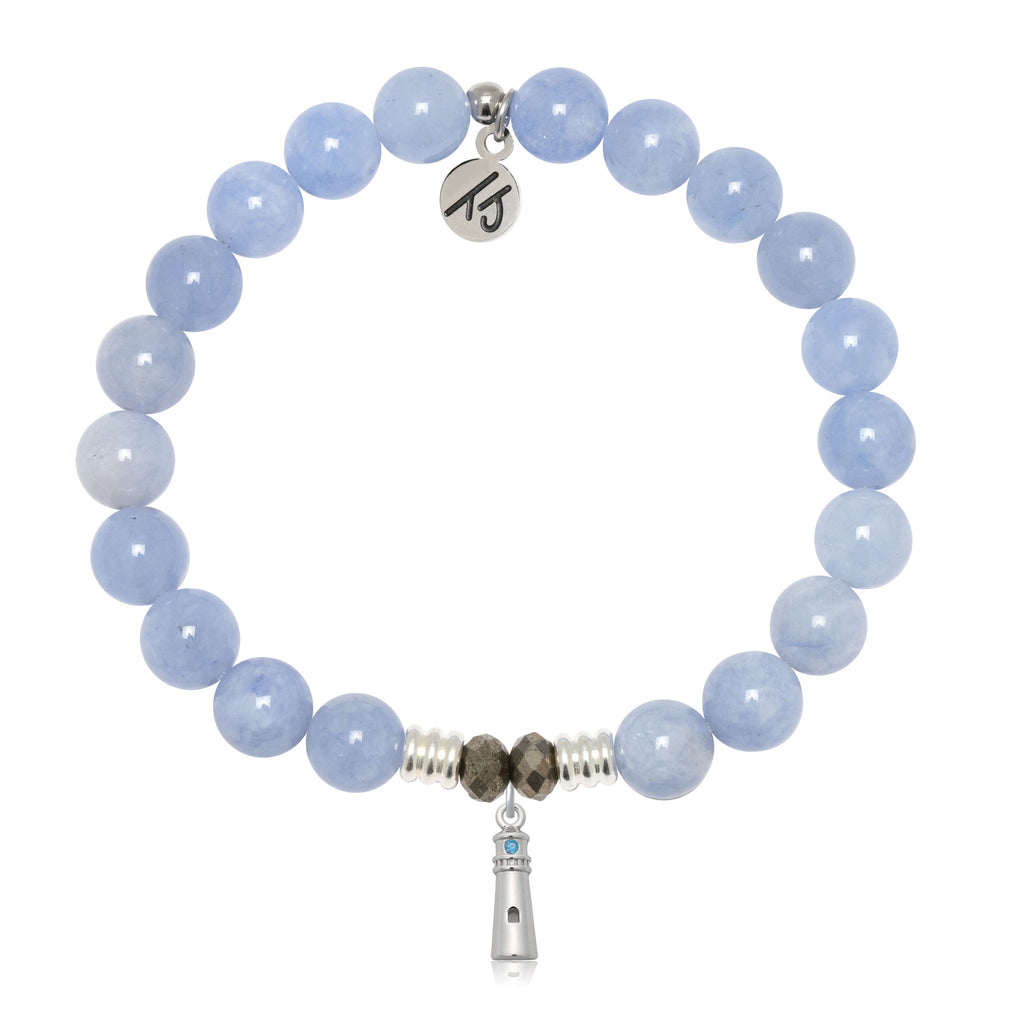 Sky Blue Jade Gemstone Bracelet with Lighthouse Sterling Silver Charm