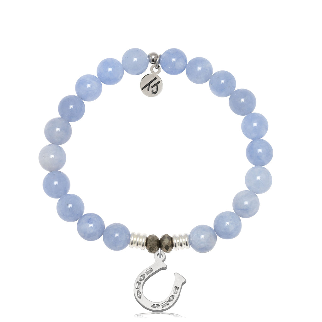 Sky Blue Jade Gemstone Bracelet with Lucky Horseshoe Sterling Silver Charm