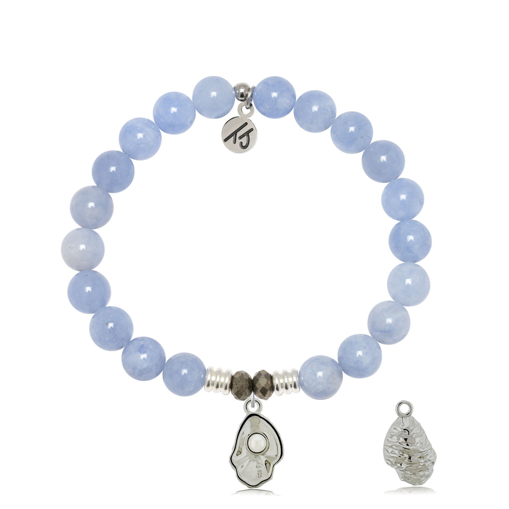 Sky Blue Jade Gemstone Bracelet with Oyster Sterling Silver Charm