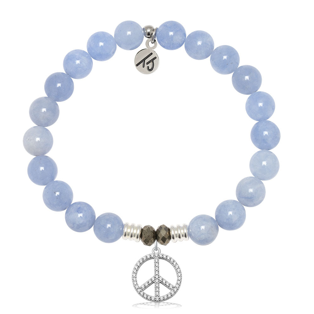 Sky Blue Jade Gemstone Bracelet with Peace CZ Sterling Silver Charm