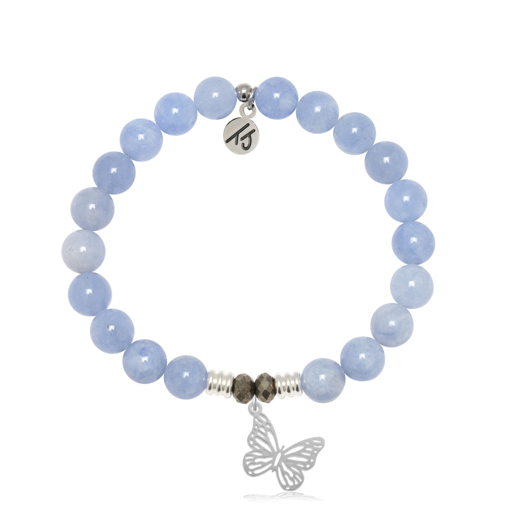 Sky Blue Jade Stone Bracelet with Butterfly Sterling Silver Charm
