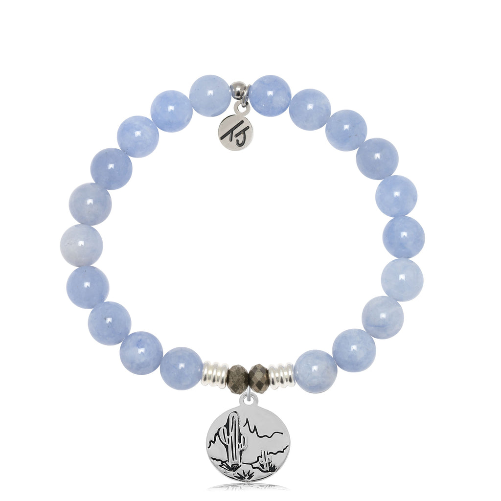 Sky Blue Jade Stone Bracelet with Cactus Sterling Silver Charm
