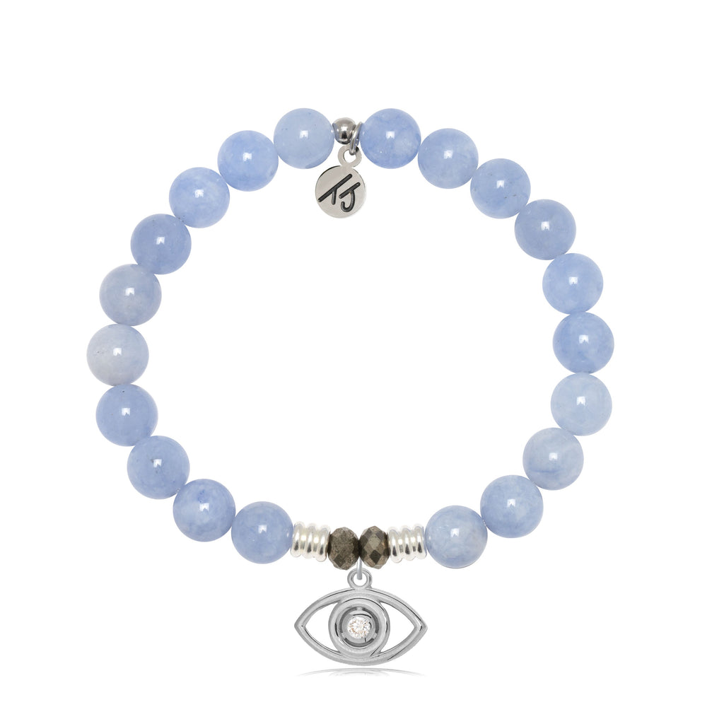 Sky Blue Jade Stone Bracelet with Evil Eye Sterling Silver Charm