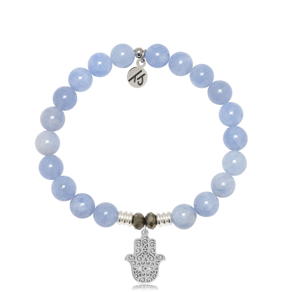 Sky Blue Jade Stone Bracelet with Hamsa Sterling Silver Charm