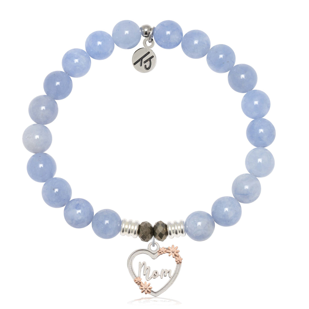 Sky Blue Jade Stone Bracelet with Heart Mom Sterling Silver Charm