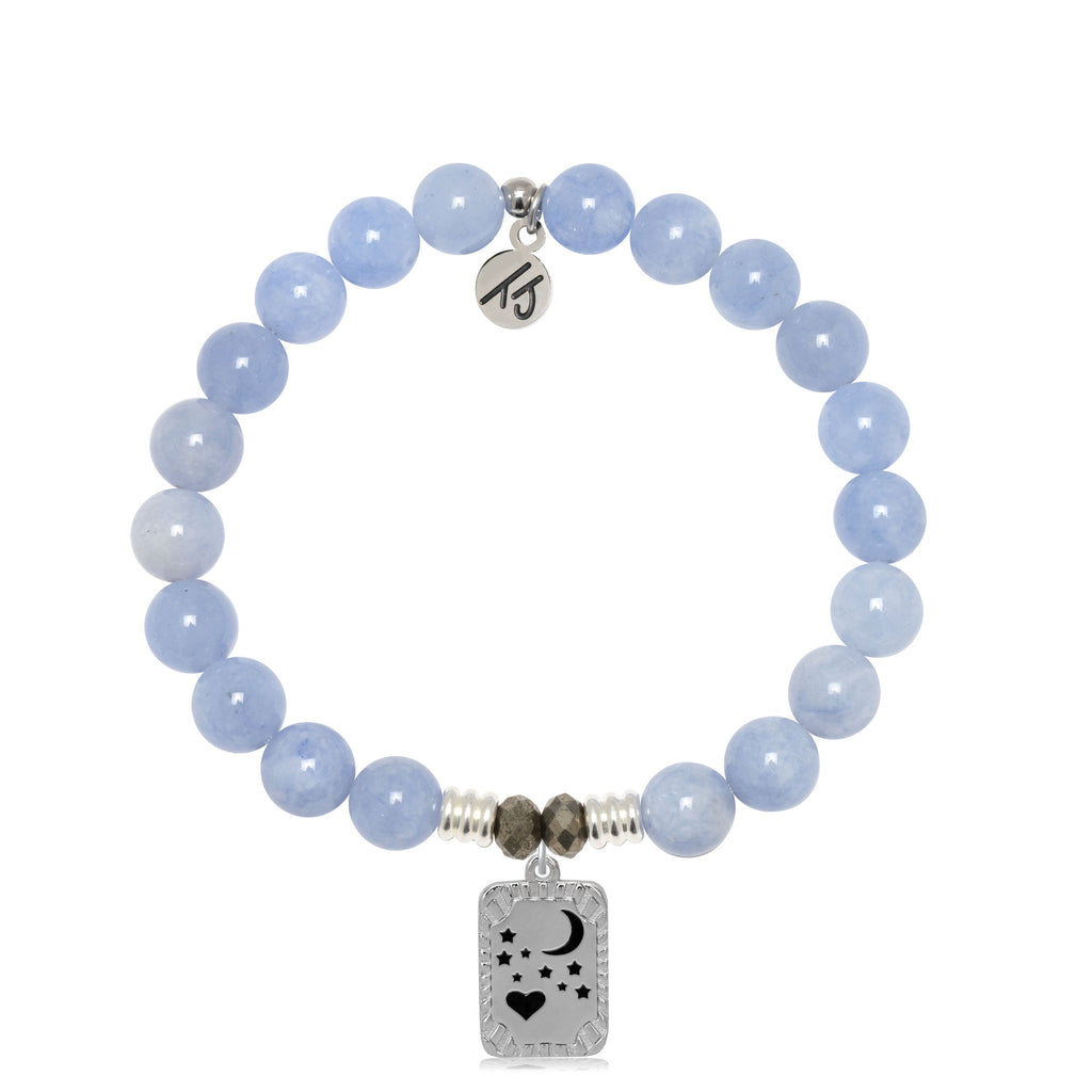 Sky Blue Jade Stone Bracelet with Moon and Back Sterling Silver Charm