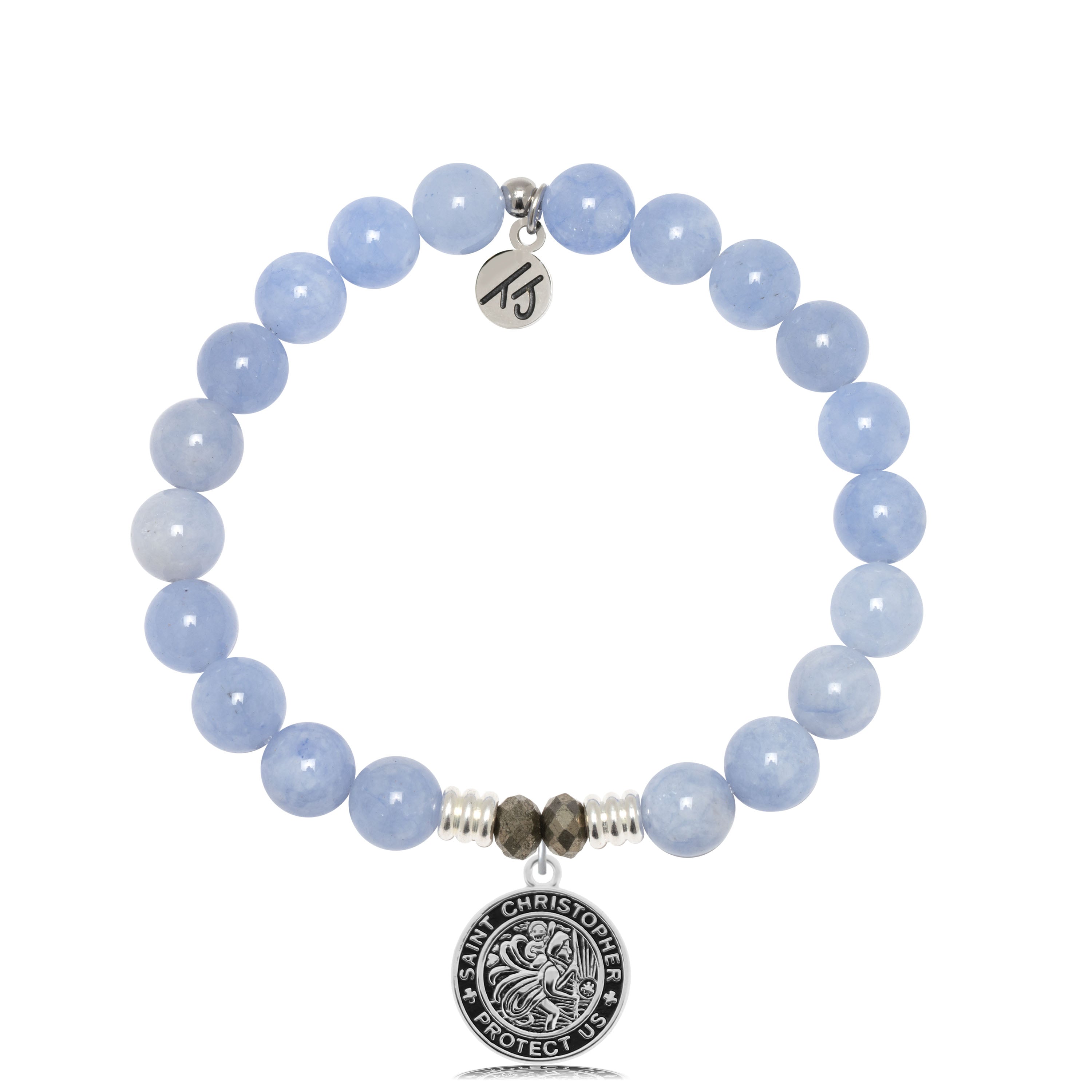 Sky Blue Jade Stone Bracelet with Saint Christopher Sterling Silver Charm