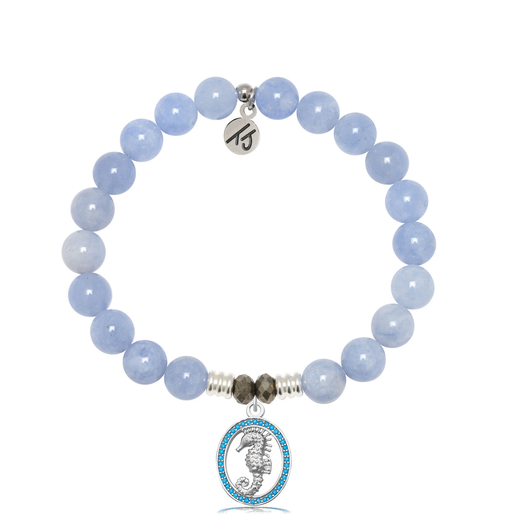 Sky Blue Jade Stone Bracelet with Seahorse Sterling Silver Charm
