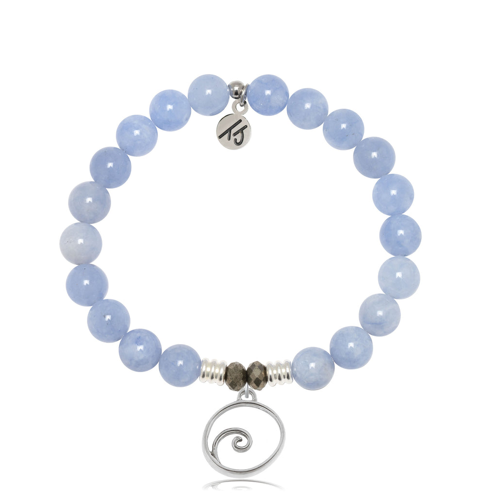 Sky Blue Jade Stone Bracelet with Wave Sterling Silver Charm