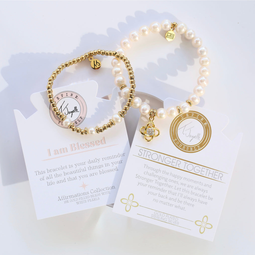 Stack Set- White Pearl Stronger Together Gold Charm Bracelet with Gold White Pearl Affirmations Bracelet