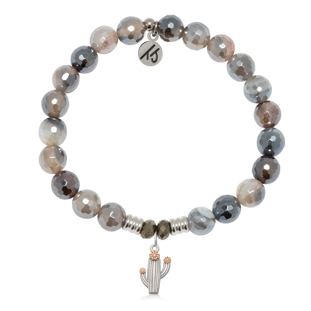 Storm Agate Gemstone Bracelet with Cactus Cutout Sterling Silver Charm