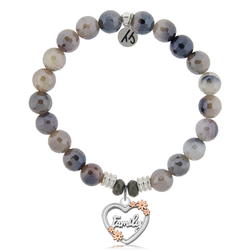 Storm Agate Gemstone Bracelet with Heart Family Sterling Silver Charm