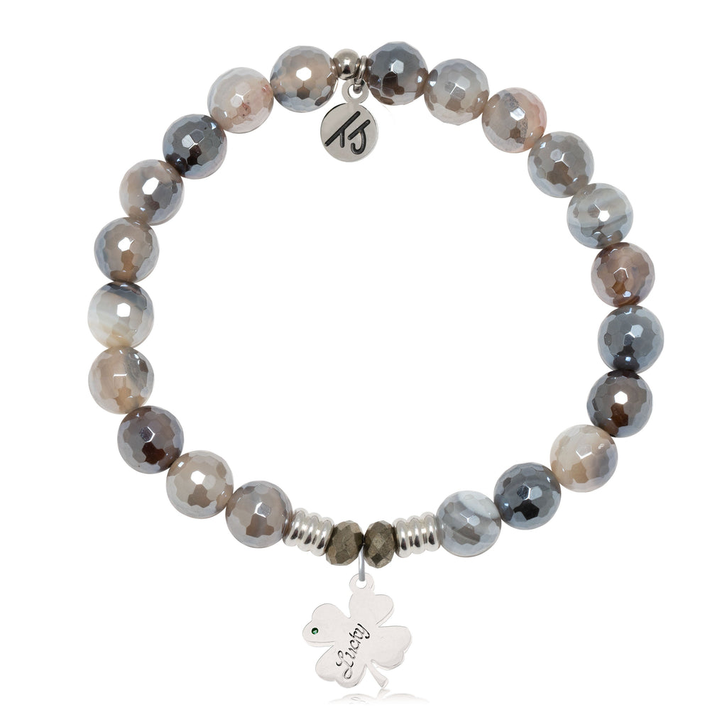 Storm Agate Gemstone Bracelet with Lucky Clover Sterling Silver Charm