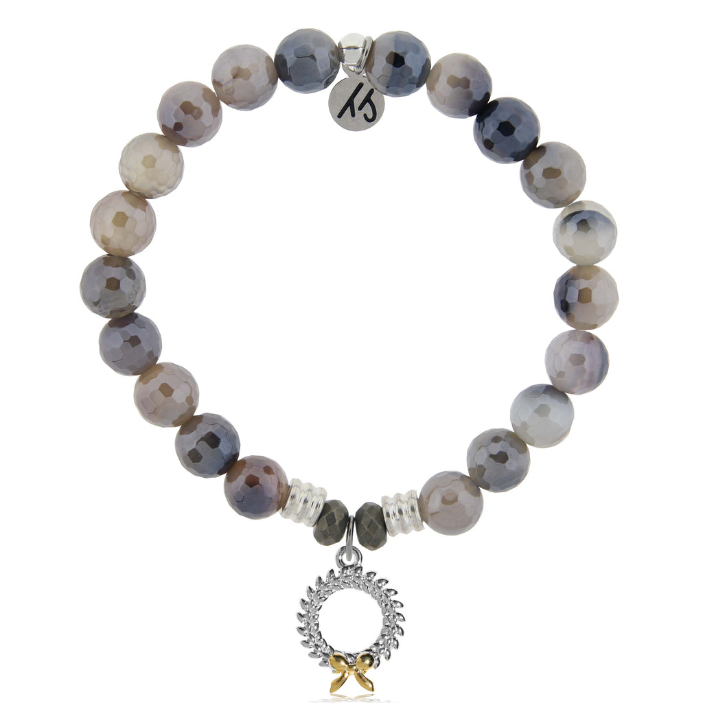 Storm Agate Gemstone Bracelet with Wreath Sterling Silver Charm