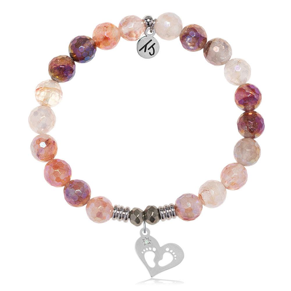 Strawberry Quartz Gemstone Bracelet with Baby Feet Sterling Silver Charm