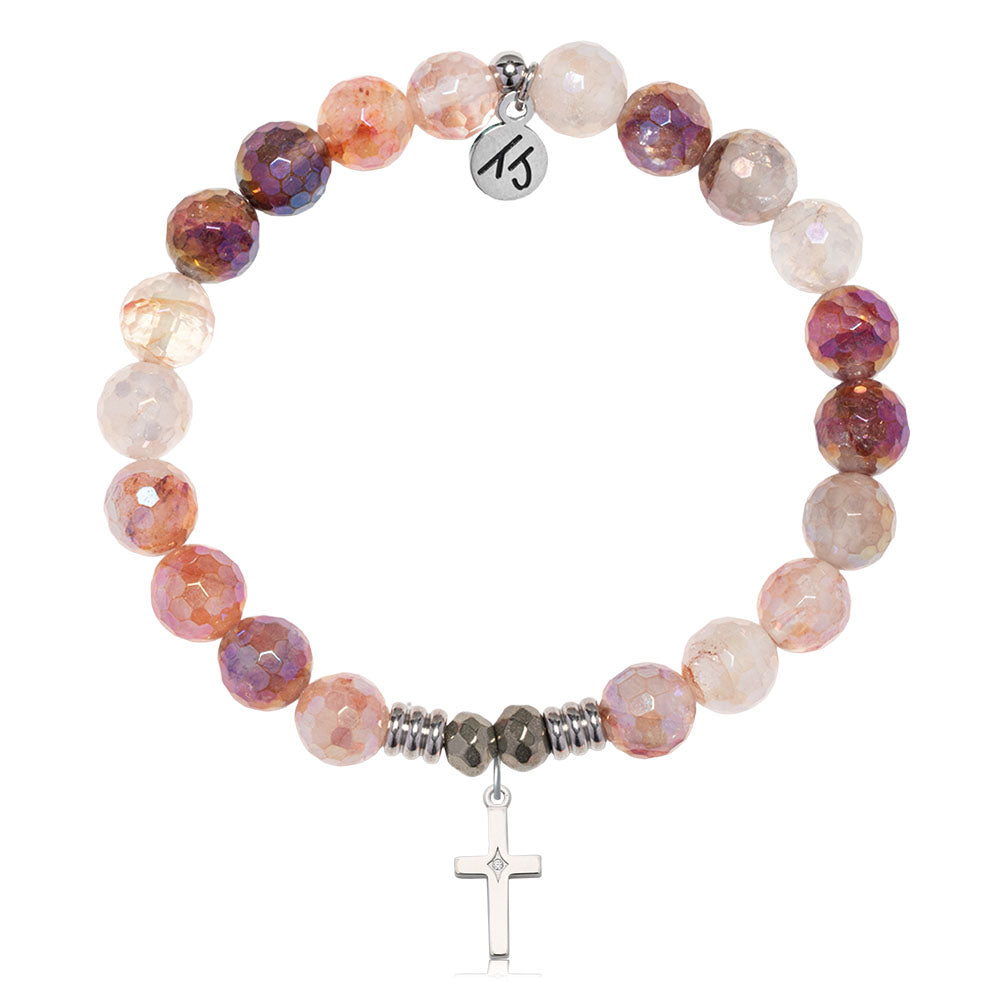 Strawberry Quartz Gemstone Bracelet with Cross CZ Sterling Silver Charm