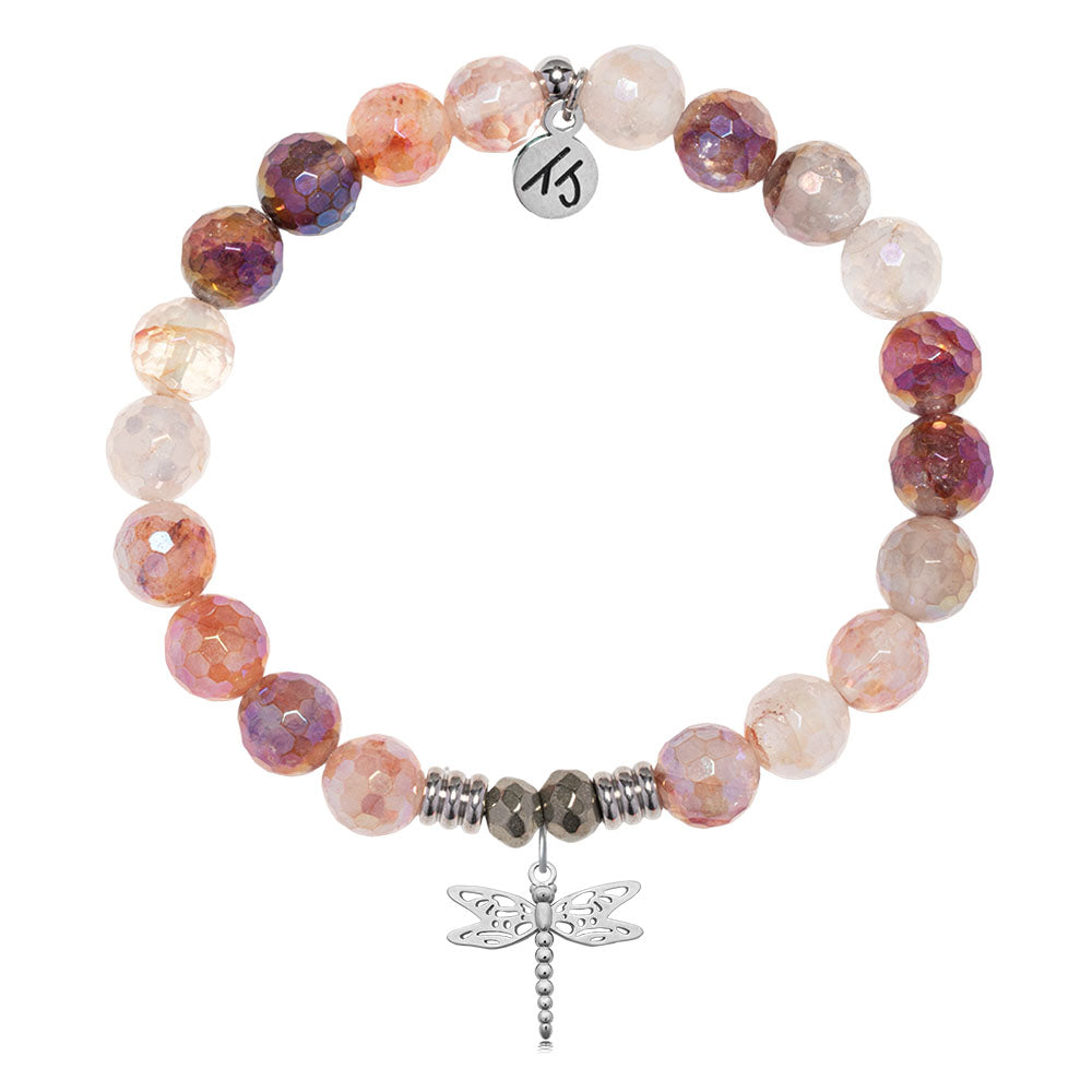 Strawberry Quartz Gemstone Bracelet with Dragonfly Sterling Silver Charm