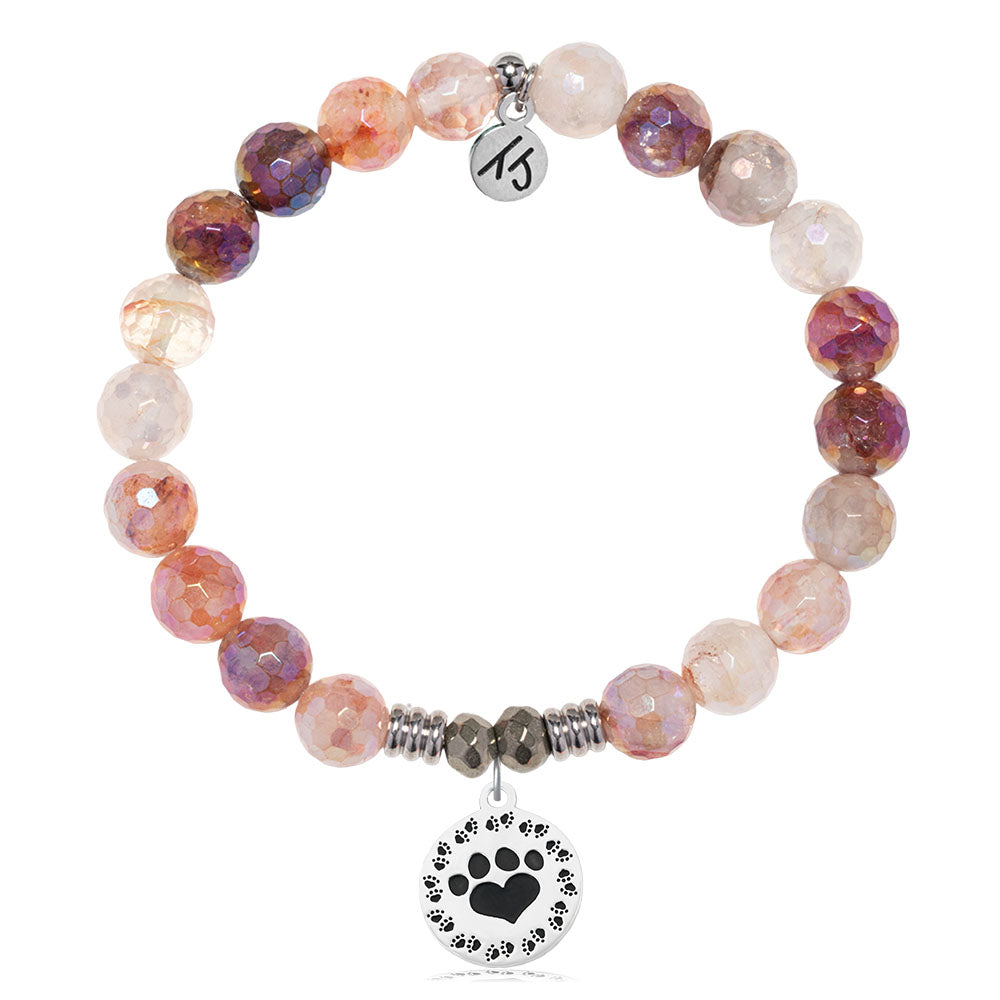 Strawberry Quartz Gemstone Bracelet with Paw Print Sterling Silver Charm