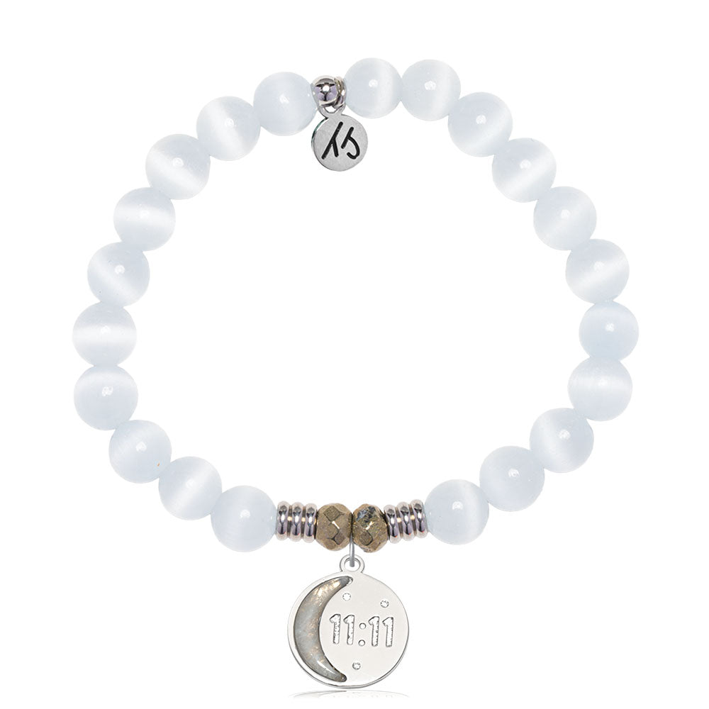 White Cats Eye Gemstone Bracelet with 11:11 Sterling Silver Charm