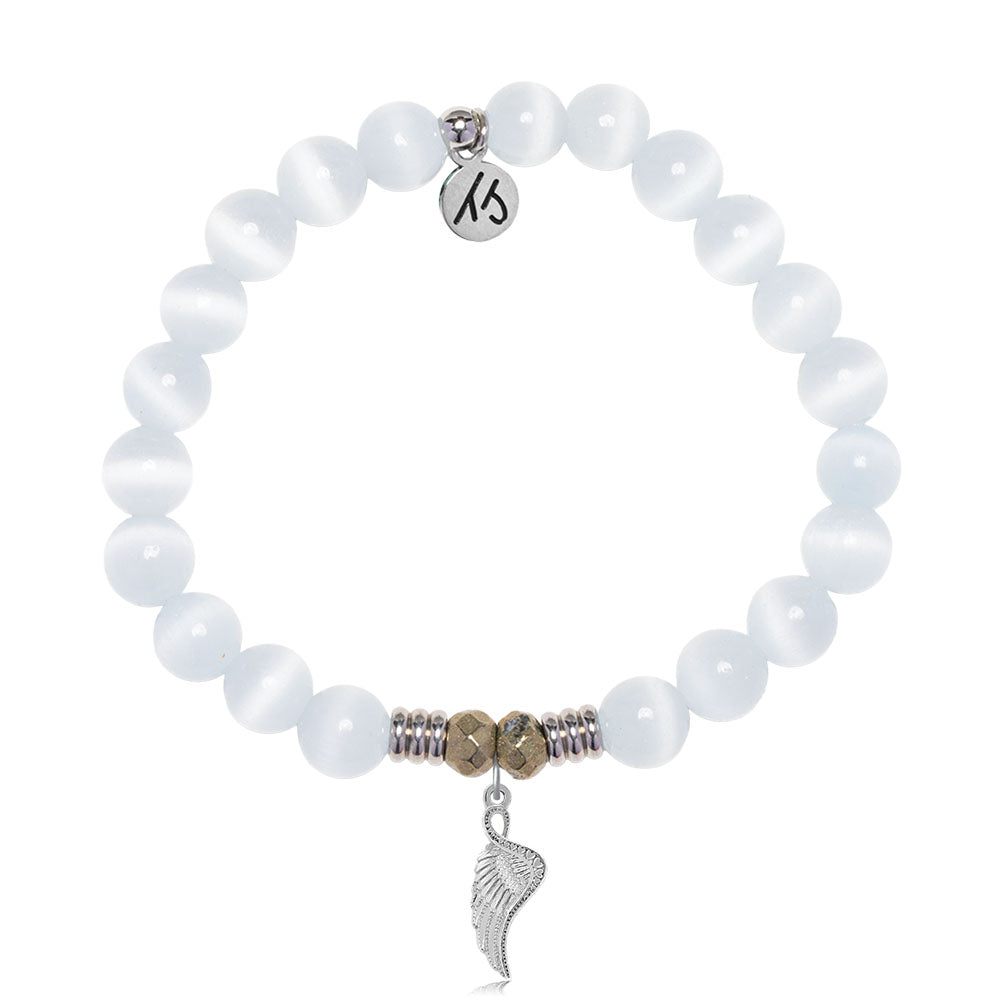 White Cats Eye Gemstone Bracelet with Angel Blessings Sterling Silver Charm