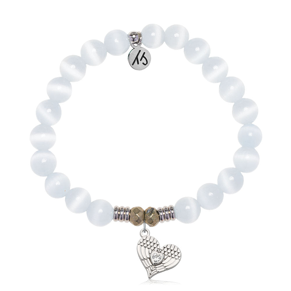 White Cats Eye Gemstone Bracelet with Angel Love Sterling Silver Charm