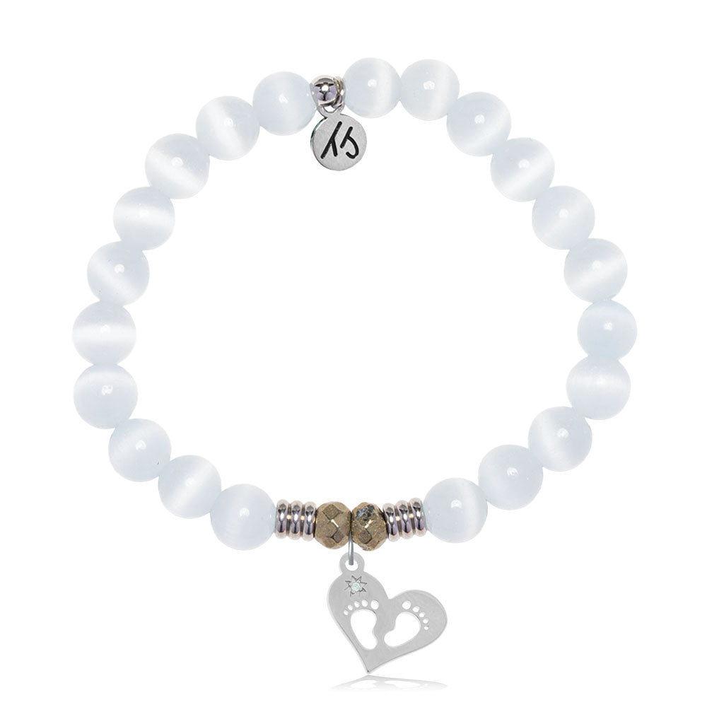 White Cats Eye Gemstone Bracelet with Baby Feet Sterling Silver Charm