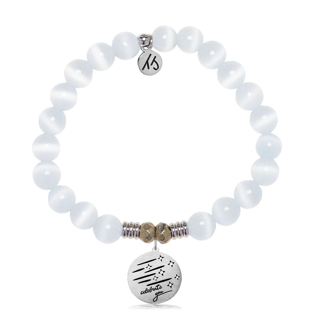 White Cats Eye Gemstone Bracelet with Birthday Wishes Sterling Silver Charm