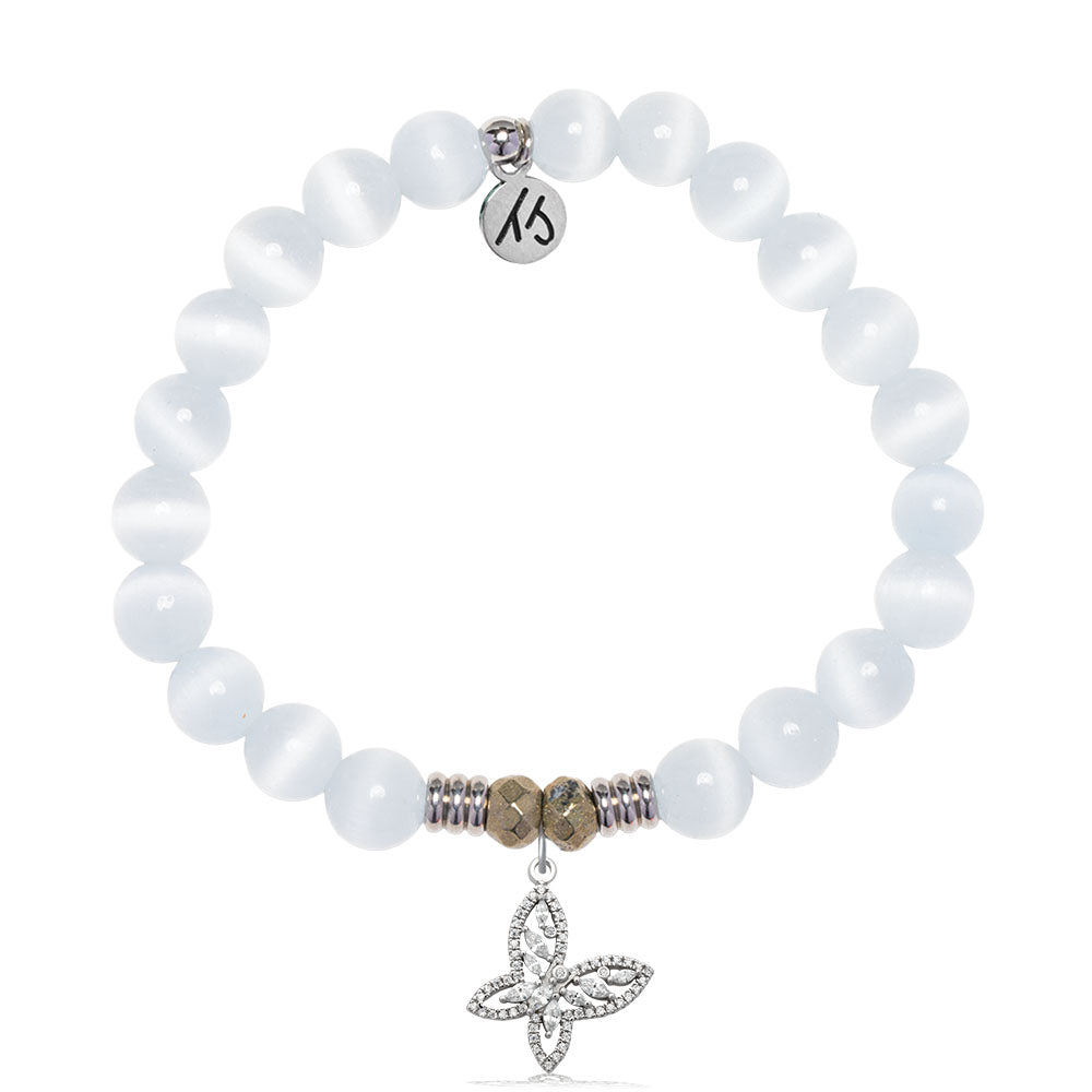 White Cats Eye Gemstone Bracelet with Butterfly CZ Sterling Silver Charm