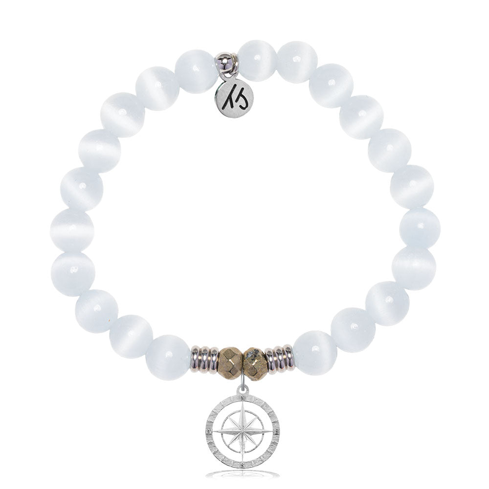 White Cats Eye Gemstone Bracelet with Compass Rose Sterling Silver Charm