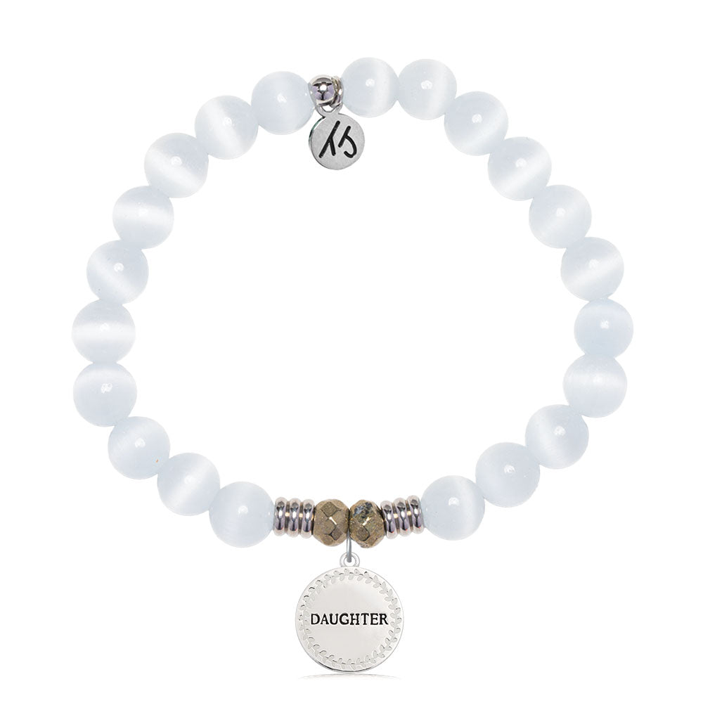 White Cats Eye Gemstone Bracelet with Endless Love Daughter Sterling Silver Charm