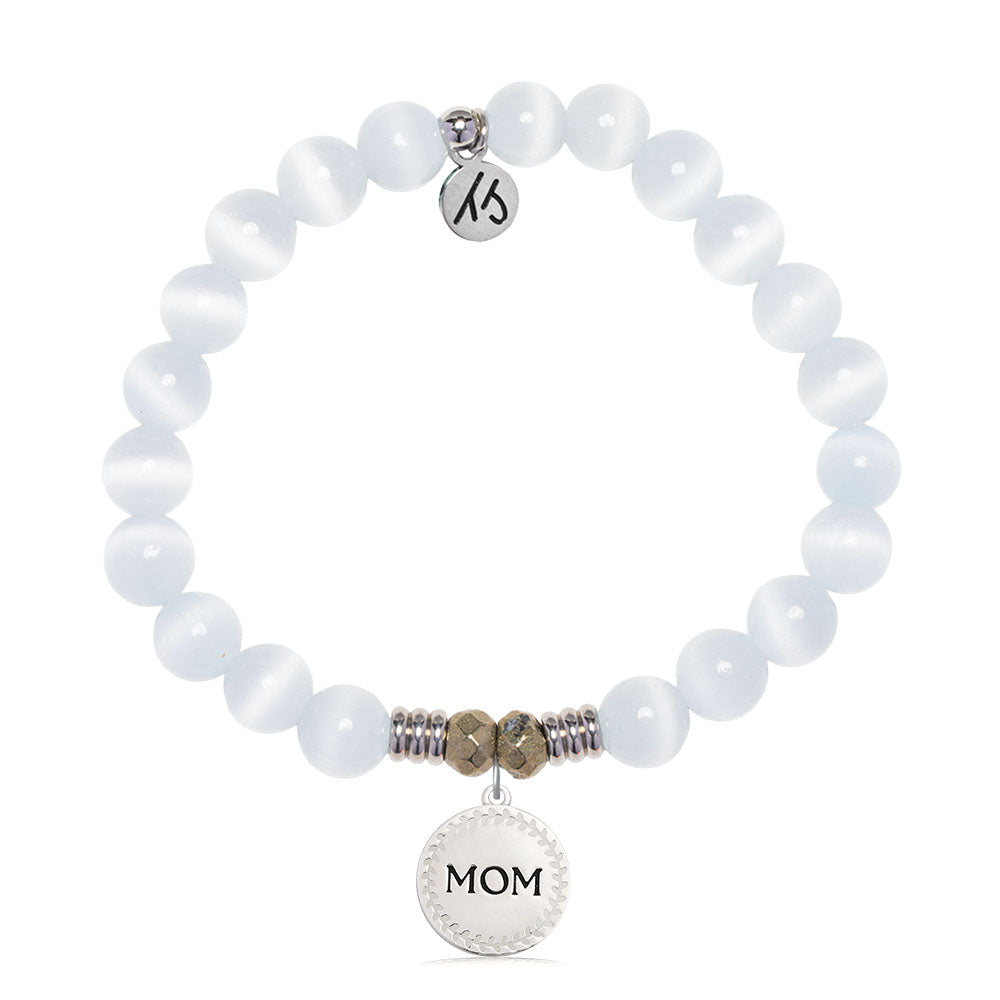 White Cats Eye Gemstone Bracelet with Endless Love Mom Sterling Silver Charm