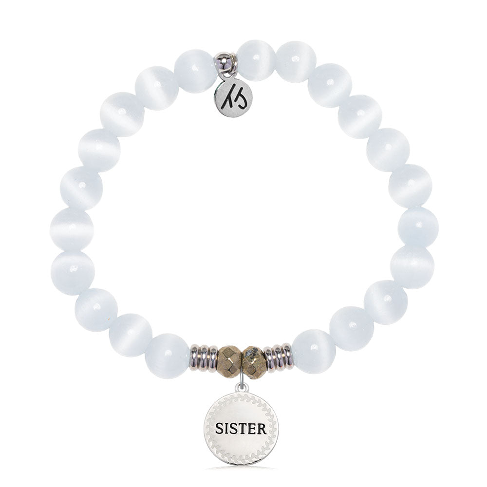 White Cats Eye Gemstone Bracelet with Endless Love Sister Sterling Silver Charm