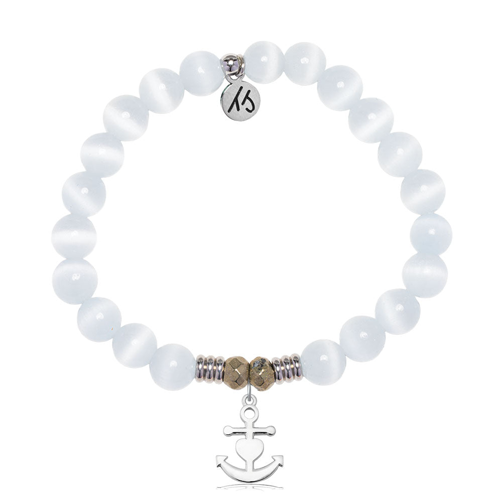 White Cats Eye Gemstone Bracelet with Faith. Hope. Love Sterling Silver Charm