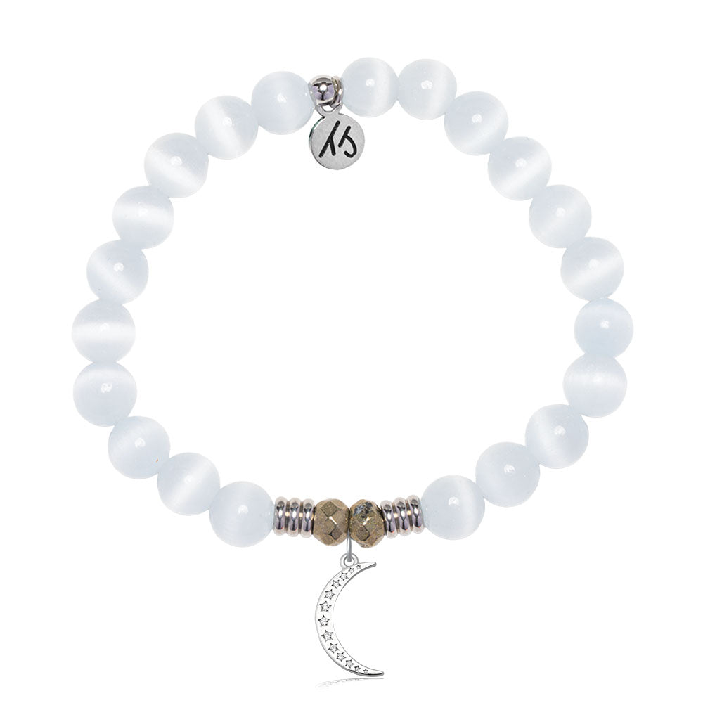 White Cats Eye Gemstone Bracelet with Friendship Moon Sterling Silver Charm