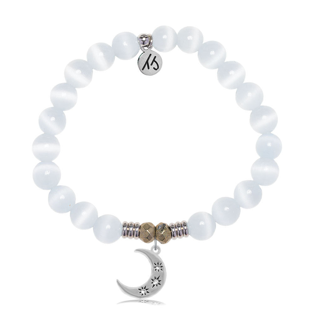 White Cats Eye Gemstone Bracelet with Friendship Stars Sterling Silver Charm