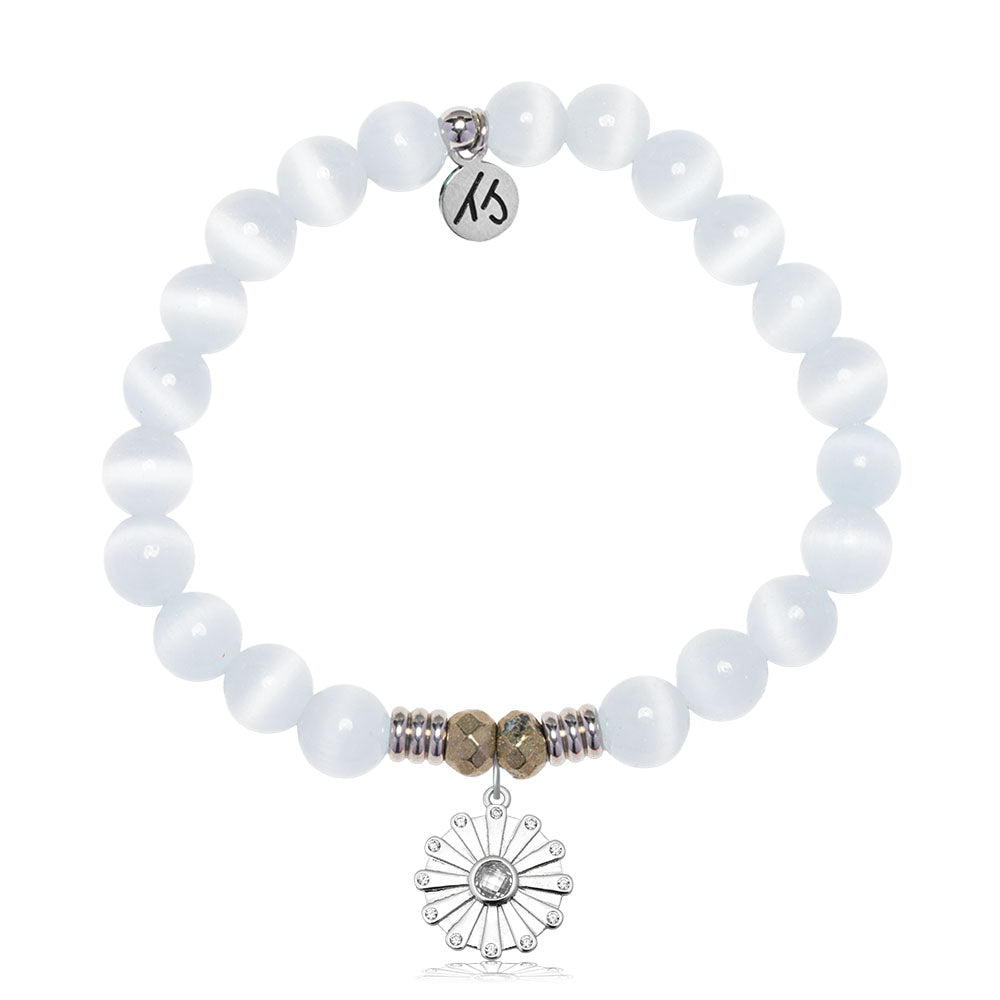 White Cats Eye Gemstone Bracelet with Happiness Sterling Silver Charm