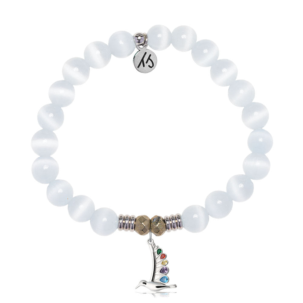 White Cats Eye Gemstone Bracelet with Hummingbird Sterling Silver Charm