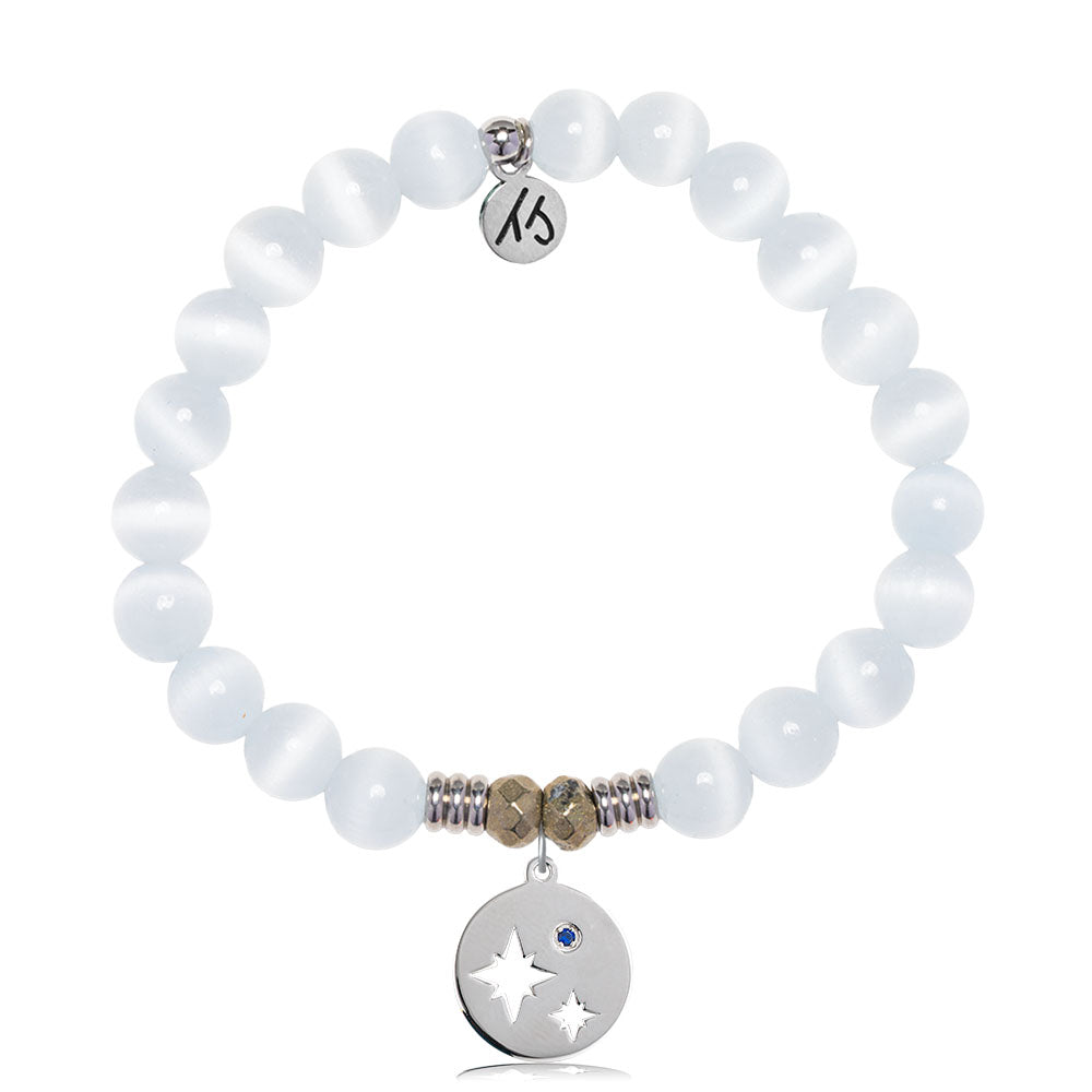 White Cats Eye Gemstone Bracelet with Mother Son Sterling Silver Charm