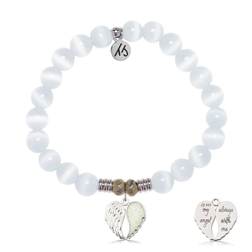 White Cats Eye Gemstone Bracelet with My Angel Sterling Silver Charm
