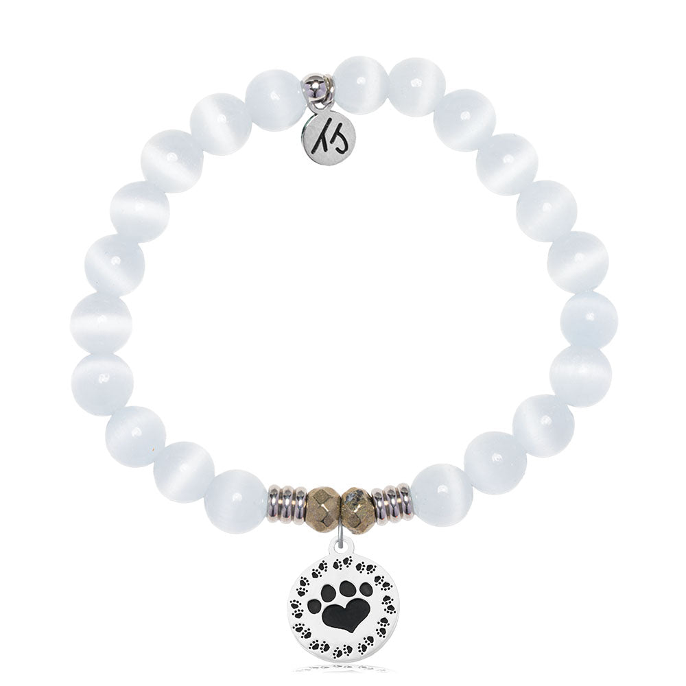 White Cats Eye Gemstone Bracelet with Paw Print Sterling Silver Charm