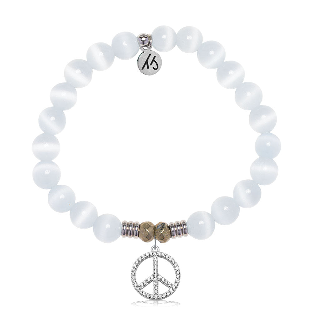 White Cats Eye Gemstone Bracelet with Peace CZ Sterling Silver Charm