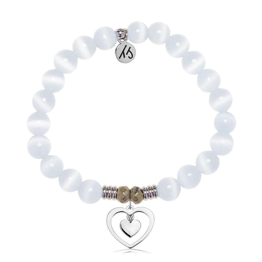 White Cats Eye Gemstone Bracelet with Piece of My Heart Sterling Silver Charm