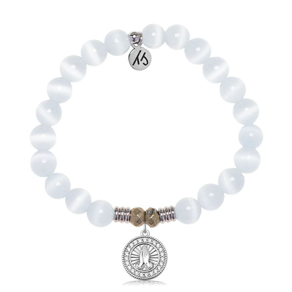 White Cats Eye Gemstone Bracelet with Prayers CZ Sterling Silver Charm