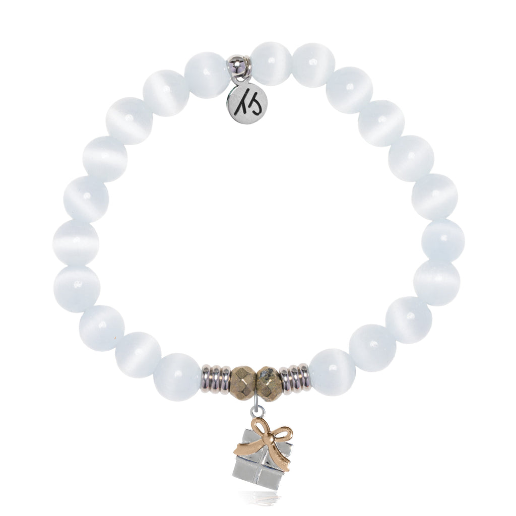 White Cats Eye Gemstone Bracelet with Present Sterling Silver Charm