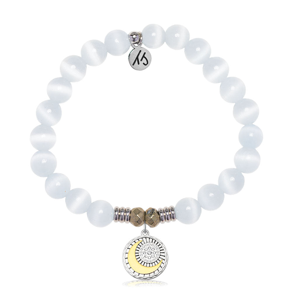 White Cats Eye Gemstone Bracelet with Radiant Soul Sterling Silver Charm