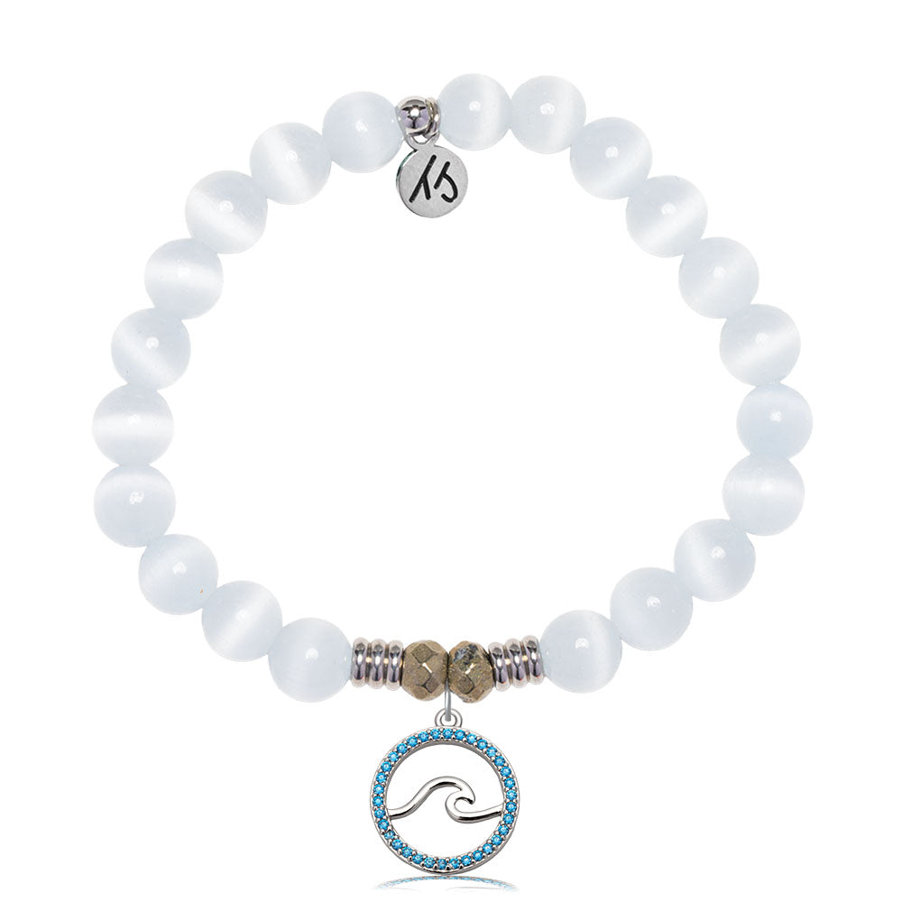 White Cats Eye Gemstone Bracelet with Serenity Wave Sterling Silver Charm